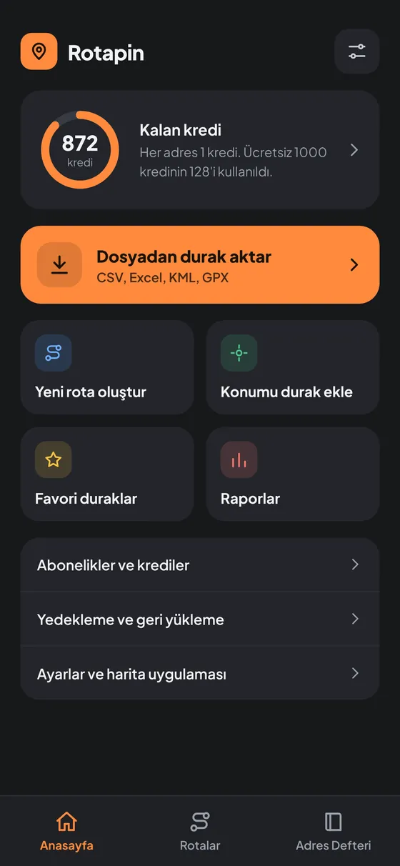 Rotapin ana ekranı: kalan kredi ve dosyadan durak aktarma