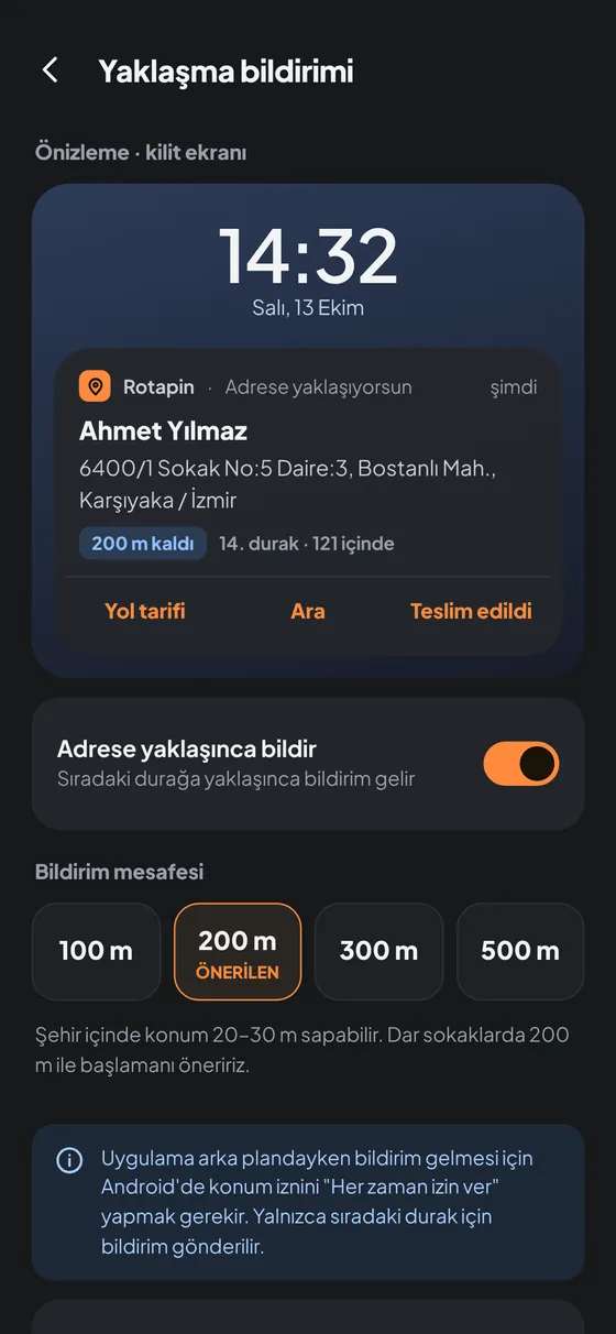 Yaklaşma bildirimi ayarları