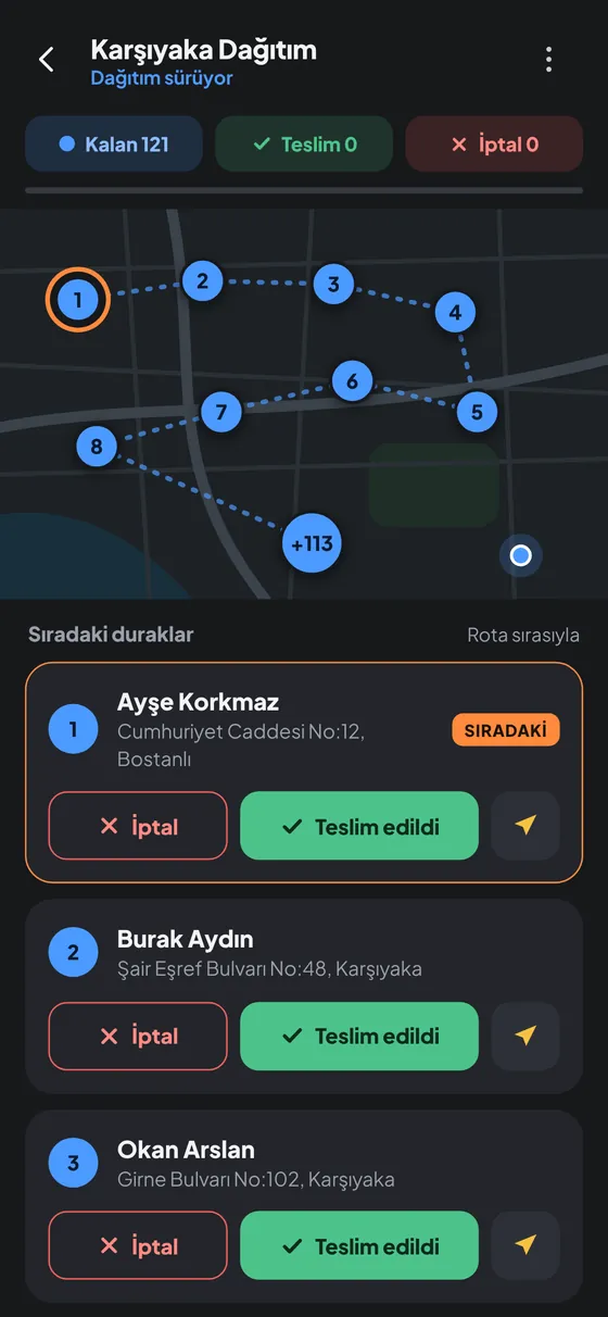 Dağıtım ekranı: sıradaki durak, iptal ve teslim edildi düğmeleri