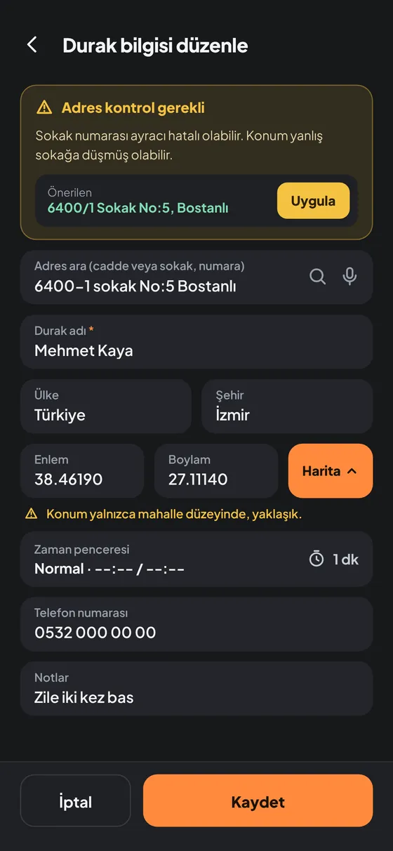 Durak bilgisini düzenleme ekranı