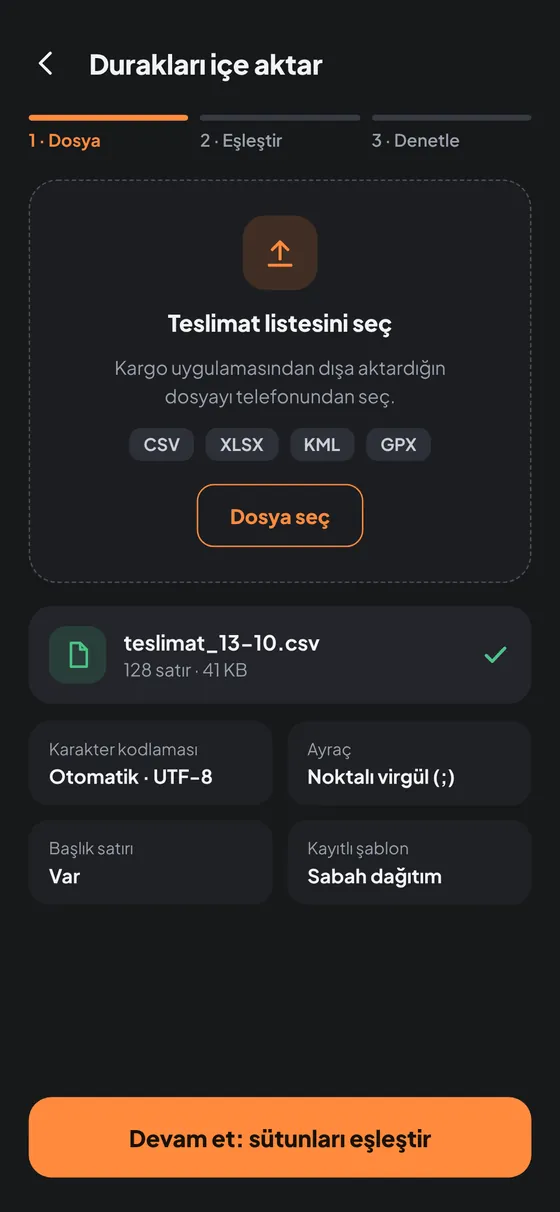 Duraklar içe aktar ekranı: dosya seçimi