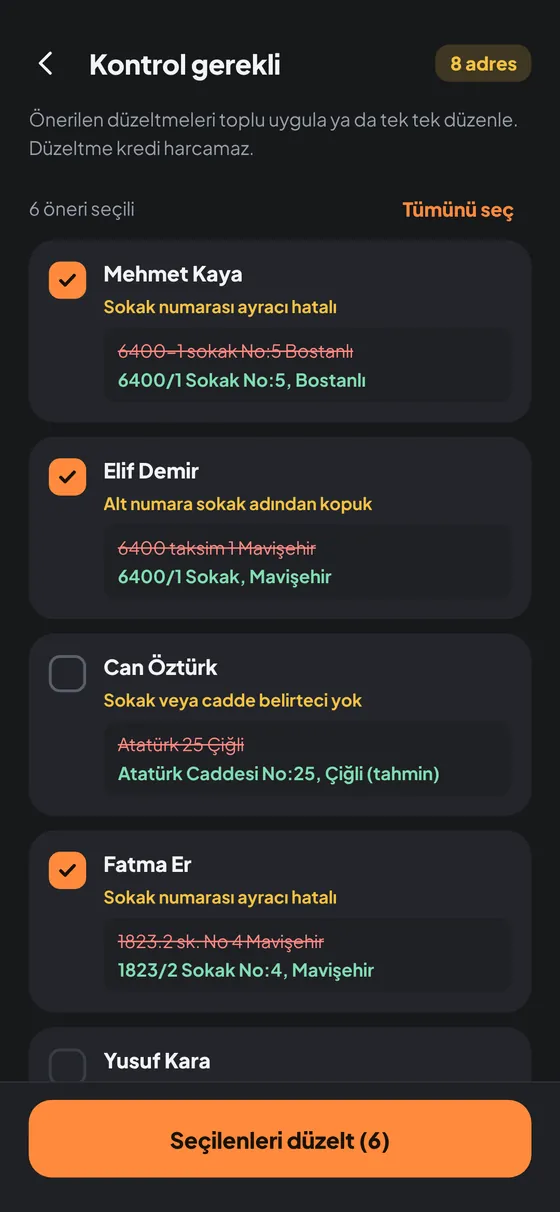 Kontrol gerekenleri düzeltme ekranı