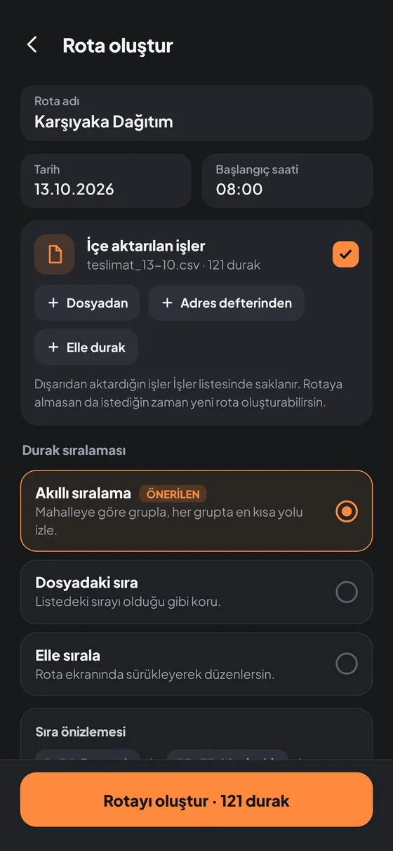 Rota oluşturma ekranı: akıllı sıralama seçimi